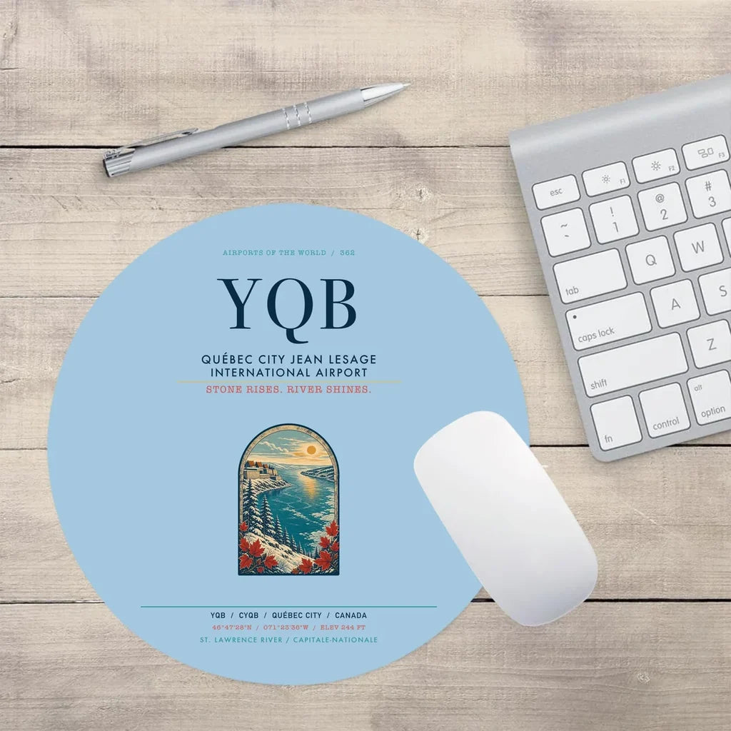 Québec City Jean Lesage International Airport (YQB) design on light blue round mouse pad