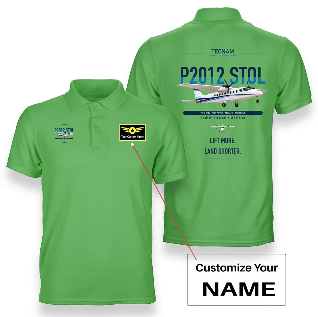 Tecnam P2012 STOL design on light green+name double-side polo t-shirt, double-side print
