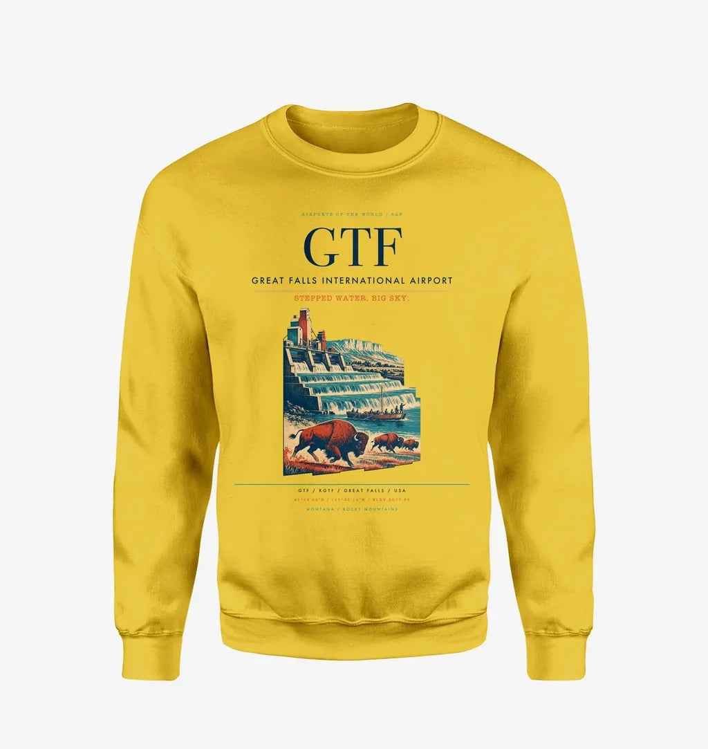 Great Falls International Airport (GTF) design on yellow sweatshirt