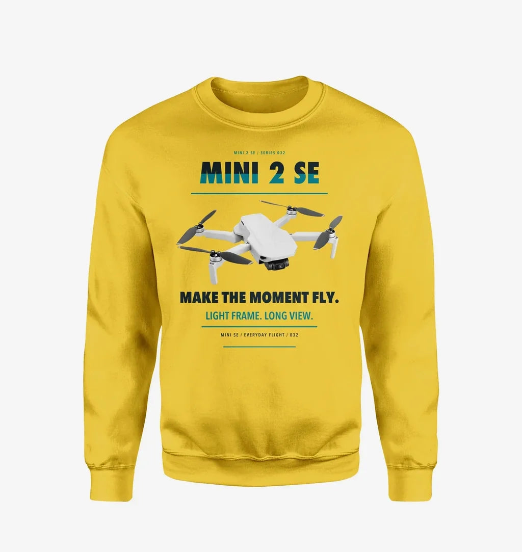 DJI Mini 2 SE design on yellow sweatshirt