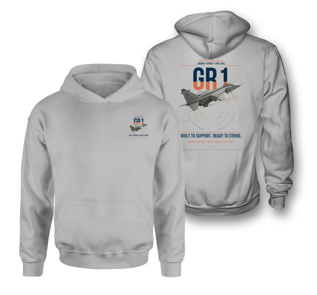 SEPECAT Jaguar GR1 design on light gray double-side hoodie, double-side print