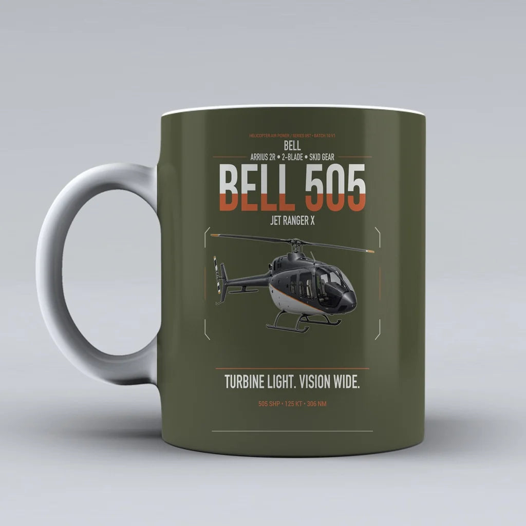 Bell 505 Jet Ranger X design on green army ceramic mug, double-side print