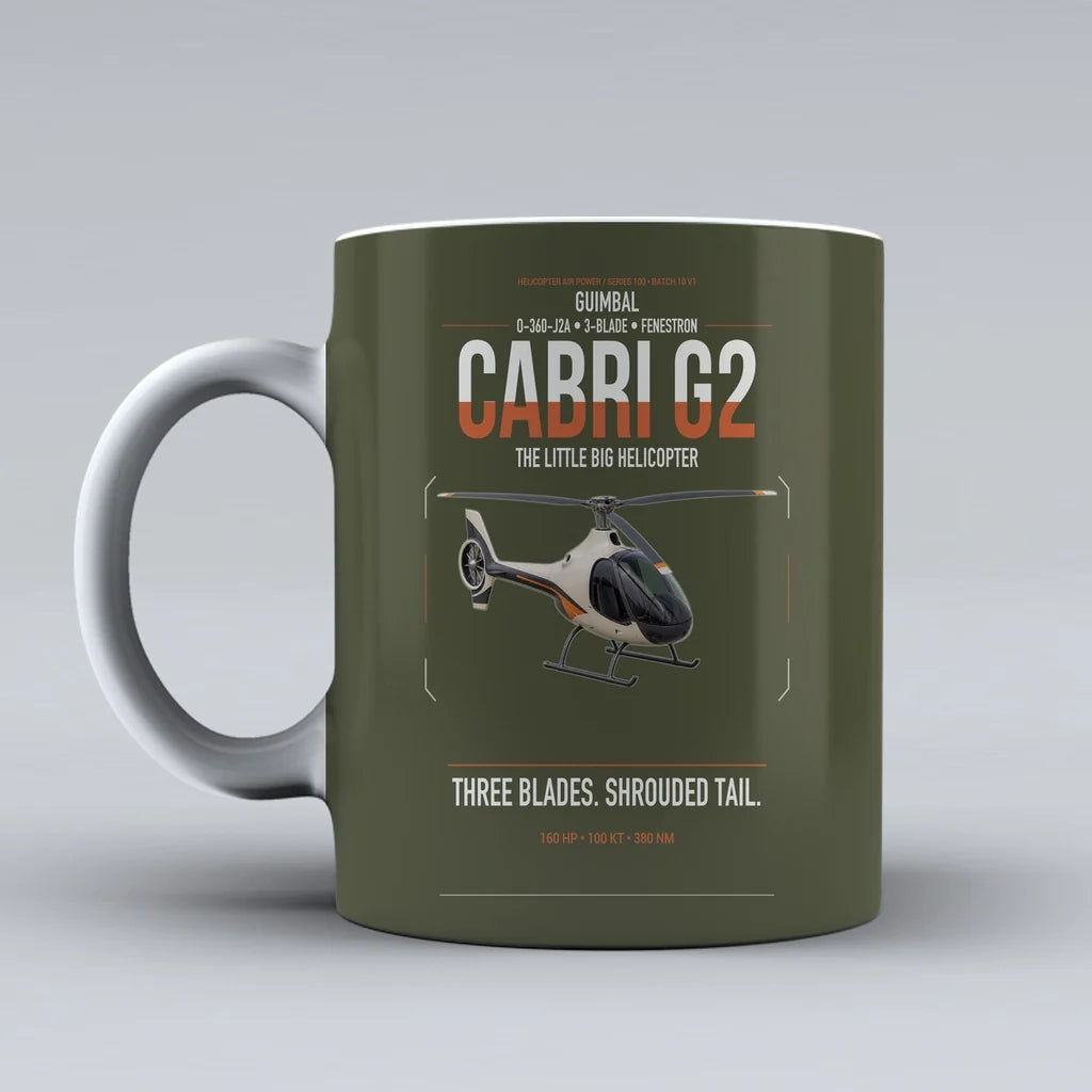 Guimbal Cabri G2 design on green army ceramic mug, double-side print