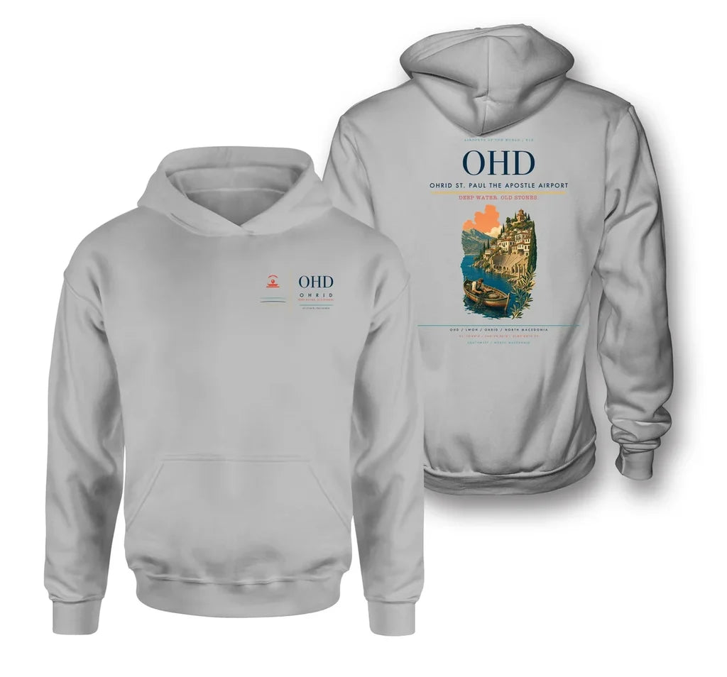 Ohrid St. Paul the Apostle Airport (OHD) design on light gray double-side hoodie