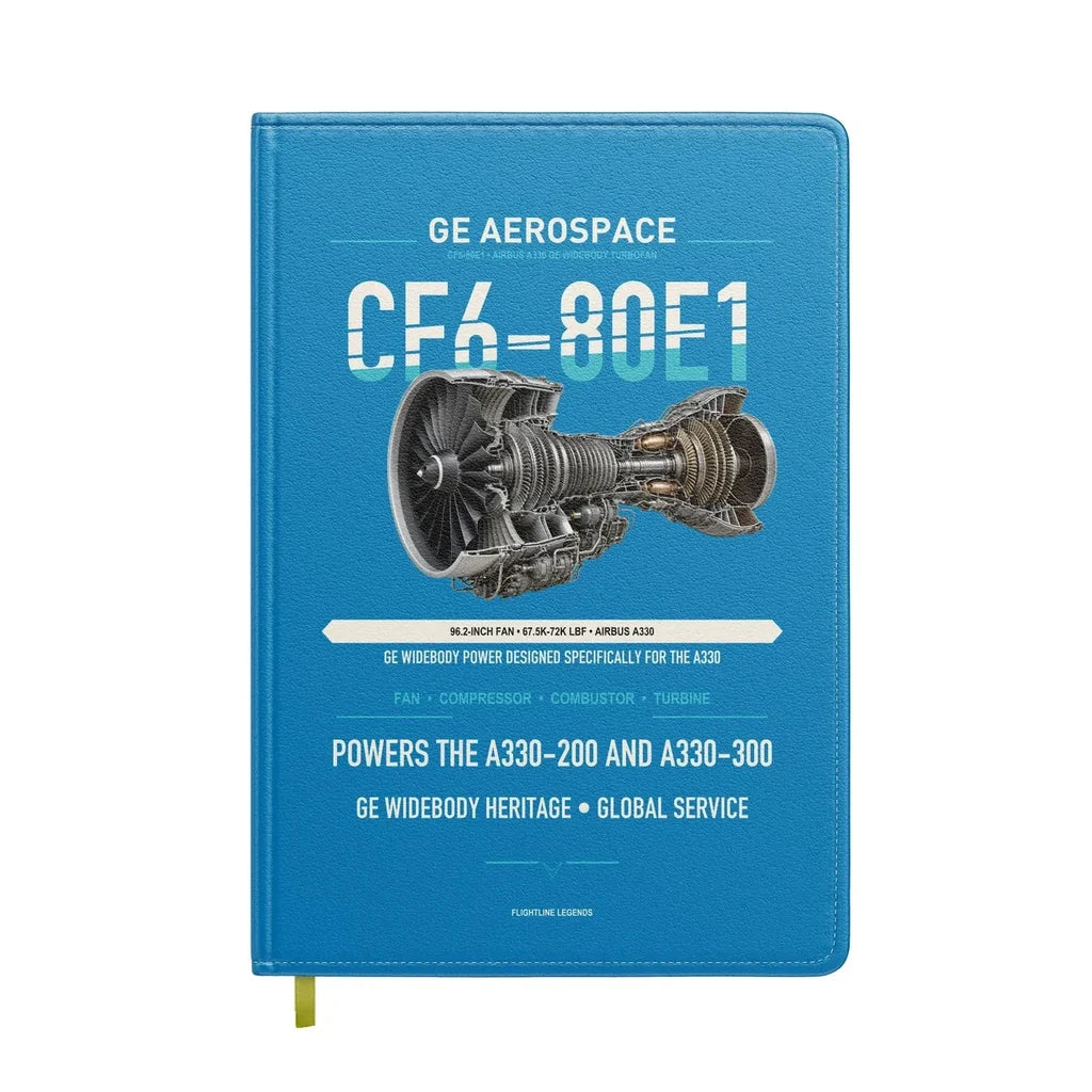 CF6-80E1 design on turquoise notebook