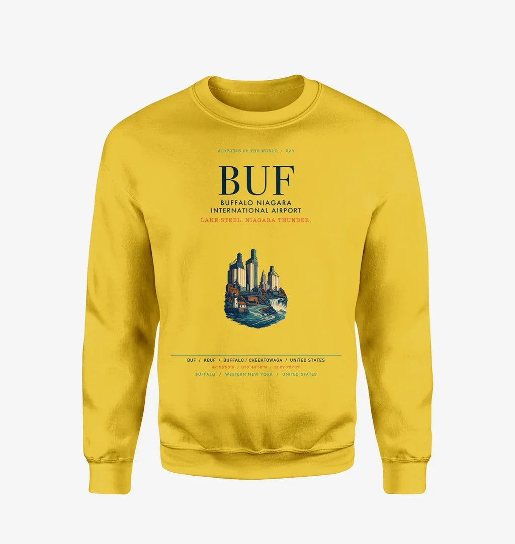 Buffalo Niagara International Airport (BUF) design on yellow sweatshirt