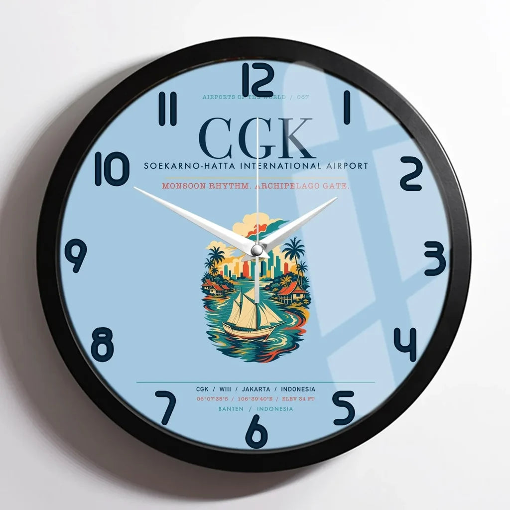 Jakarta Soekarno-Hatta International Airport (CGK) design on light blue framed wall clock