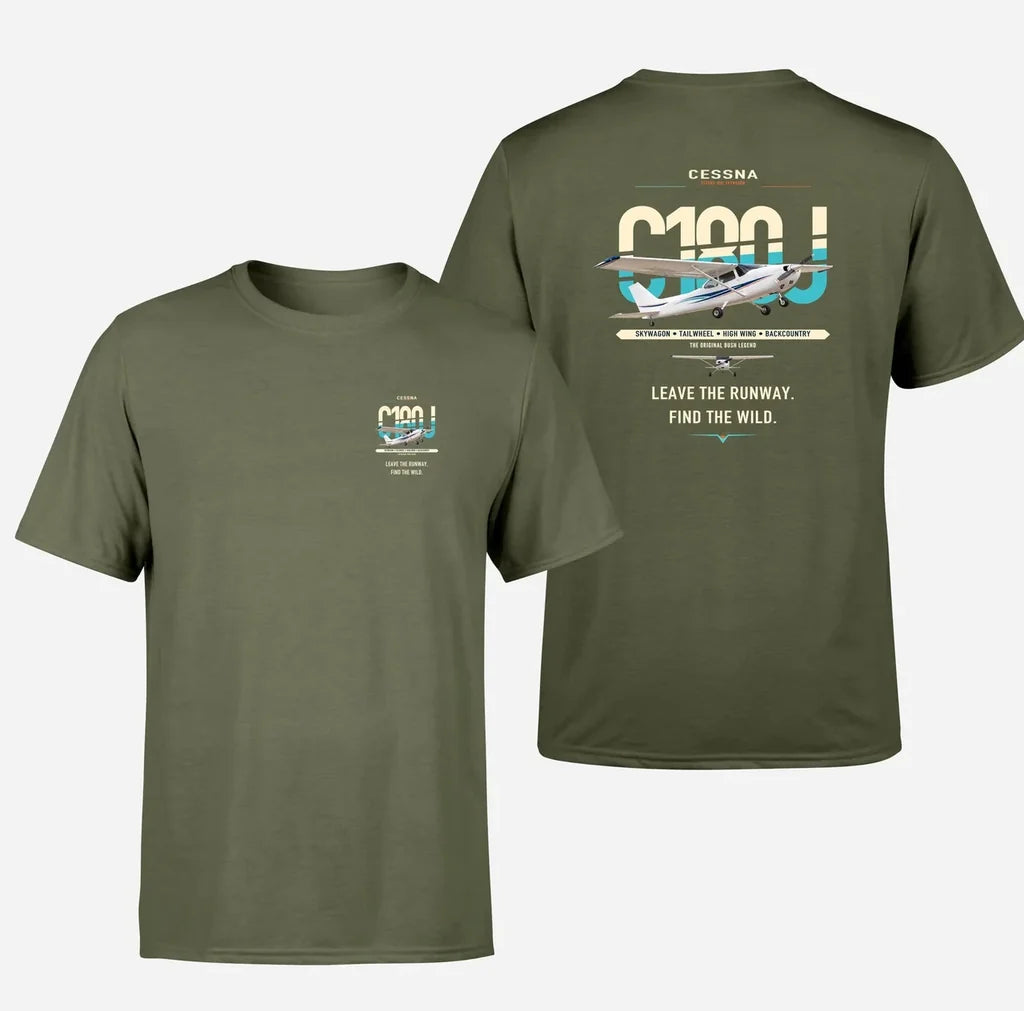 Cessna 180J Skywagon design on green army t-shirt, double-side print