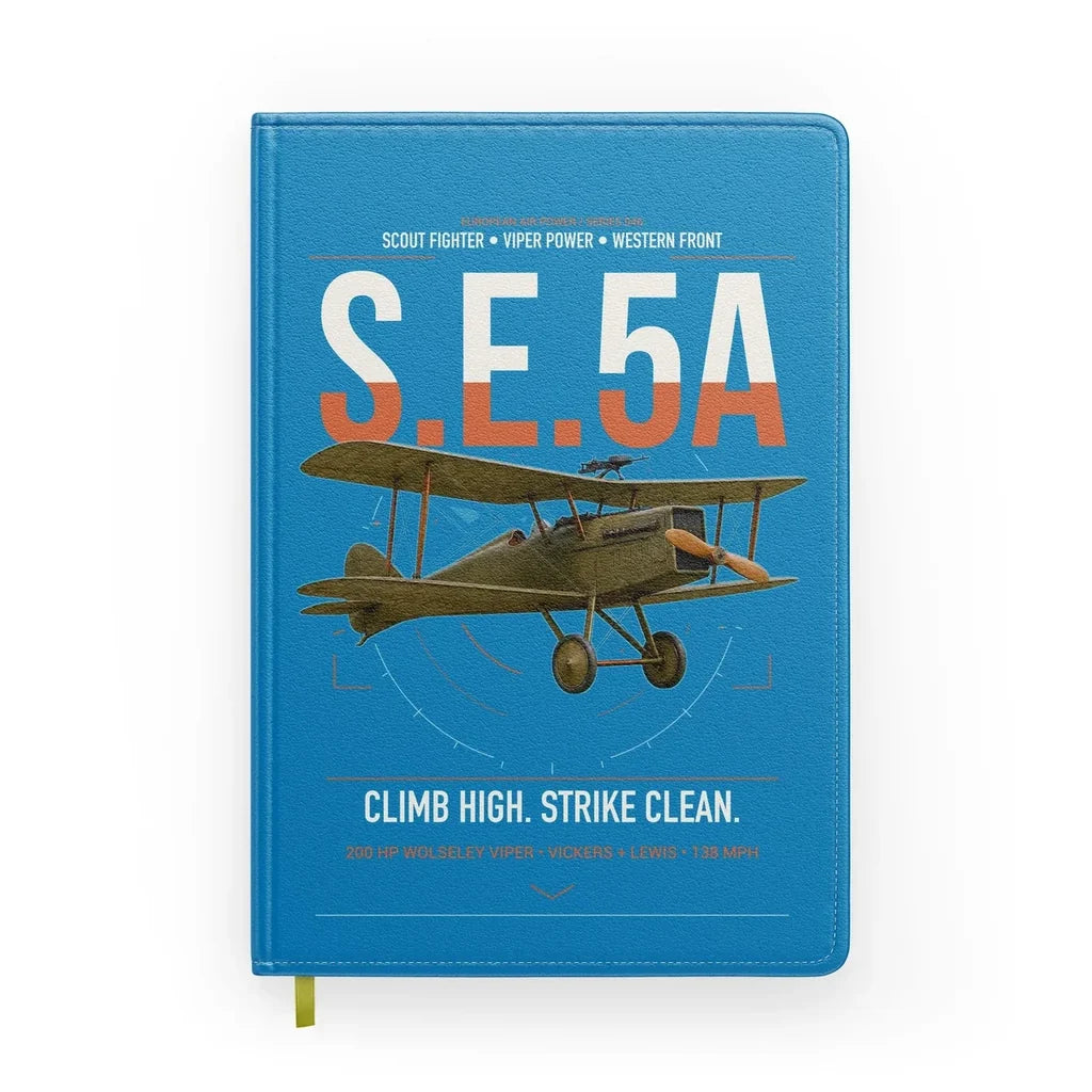 Royal Aircraft Factory S.E.5a design on turquoise notebook