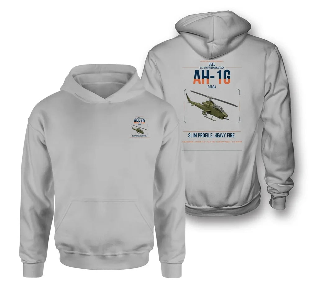 Bell AH-1G Cobra design on light gray double-side hoodie, double-side print