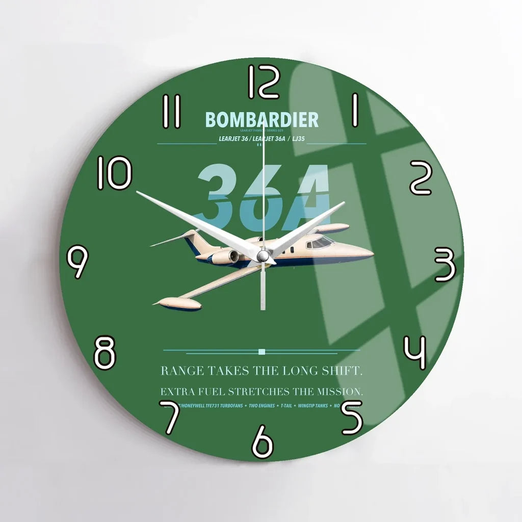 Bombardier Learjet 36A design on green no frame wall clock