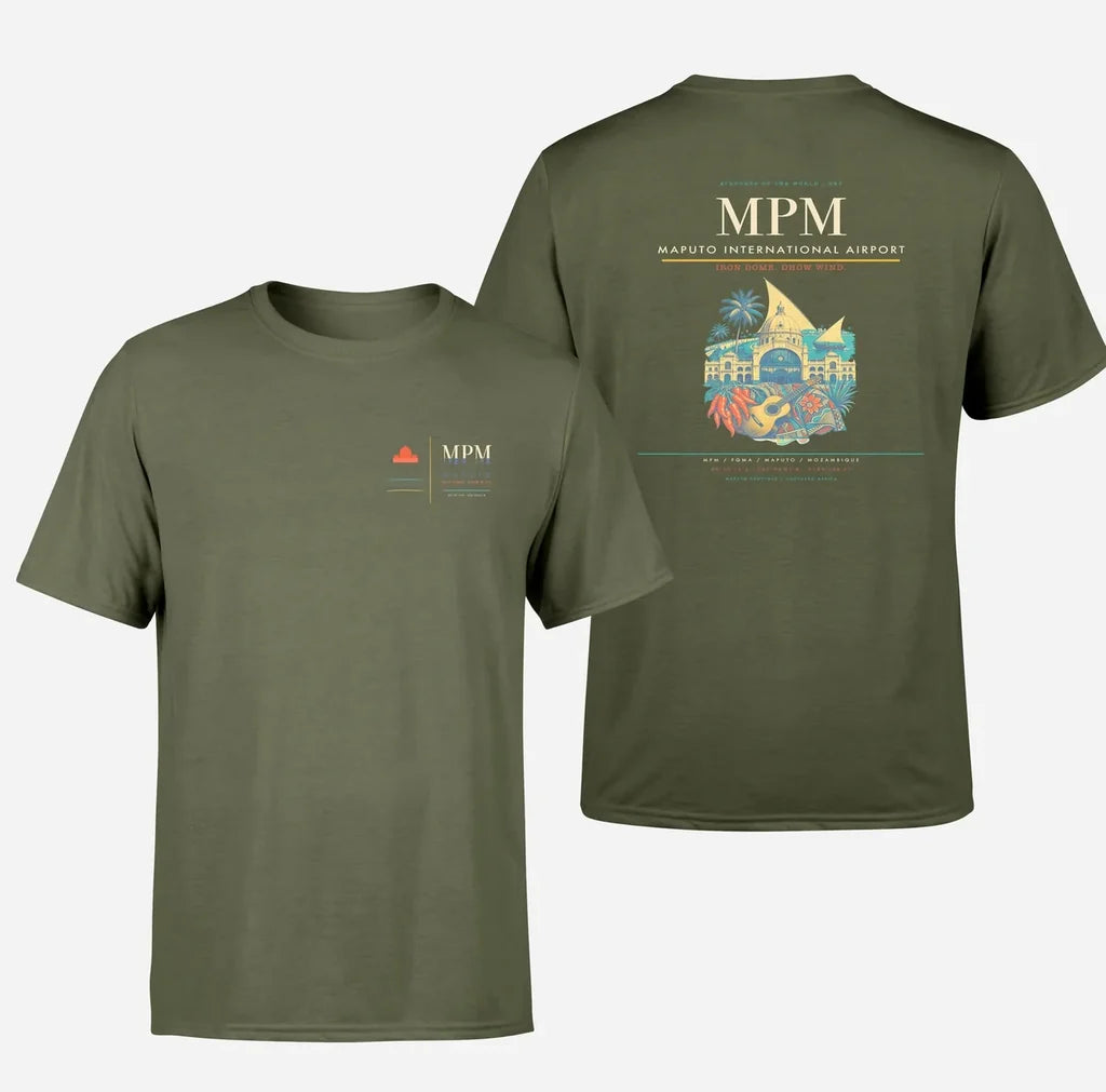 Maputo International Airport (MPM) design printed on green army double-side t-shirt