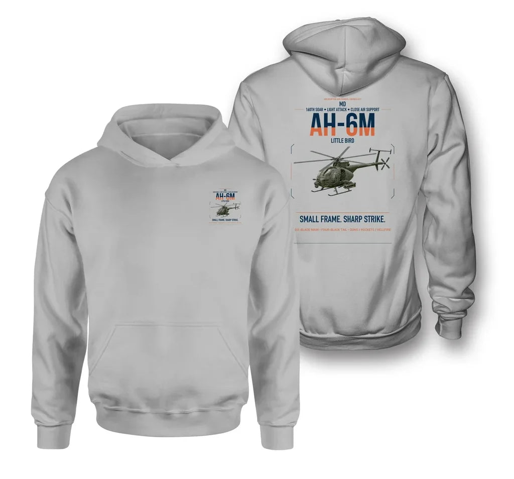 MD AH-6M Little Bird design on light gray double-side hoodie, double-side print
