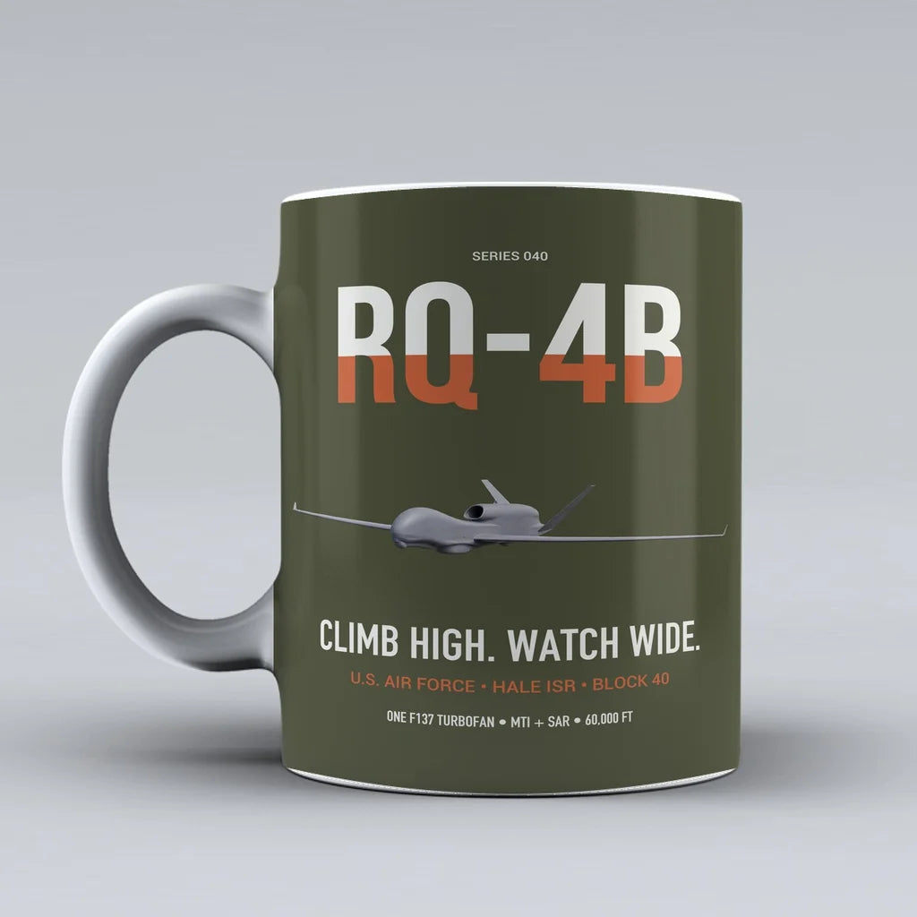 RQ-4B Global Hawk design on green army ceramic mug, double-side print