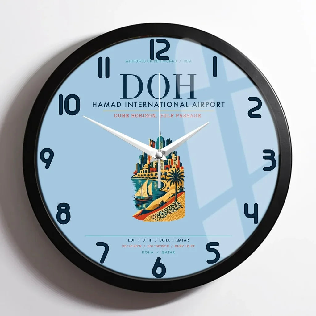 Doha Hamad International Airport (DOH) design on light blue framed wall clock