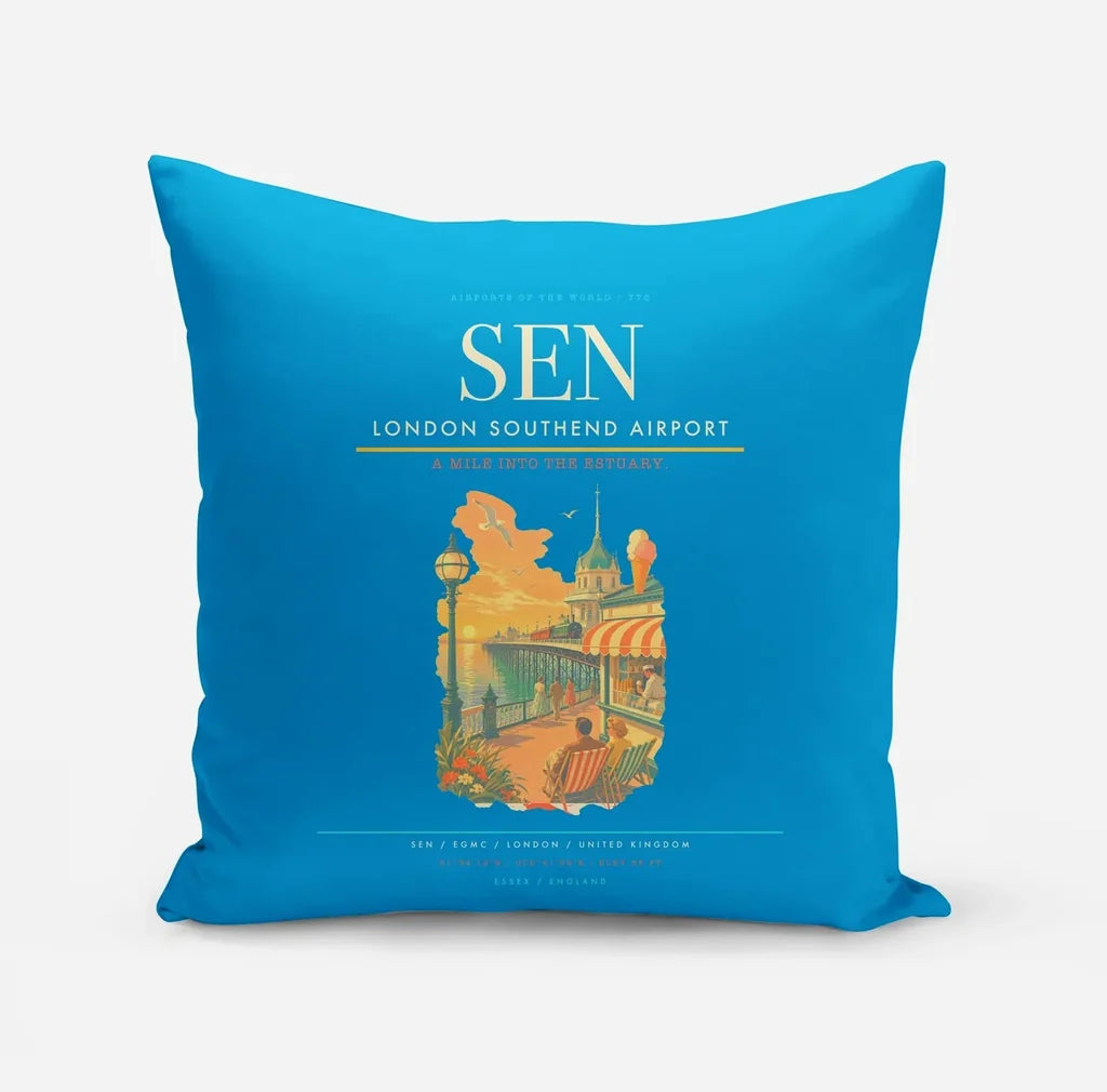 London Southend Airport (SEN) design on turquoise pillow