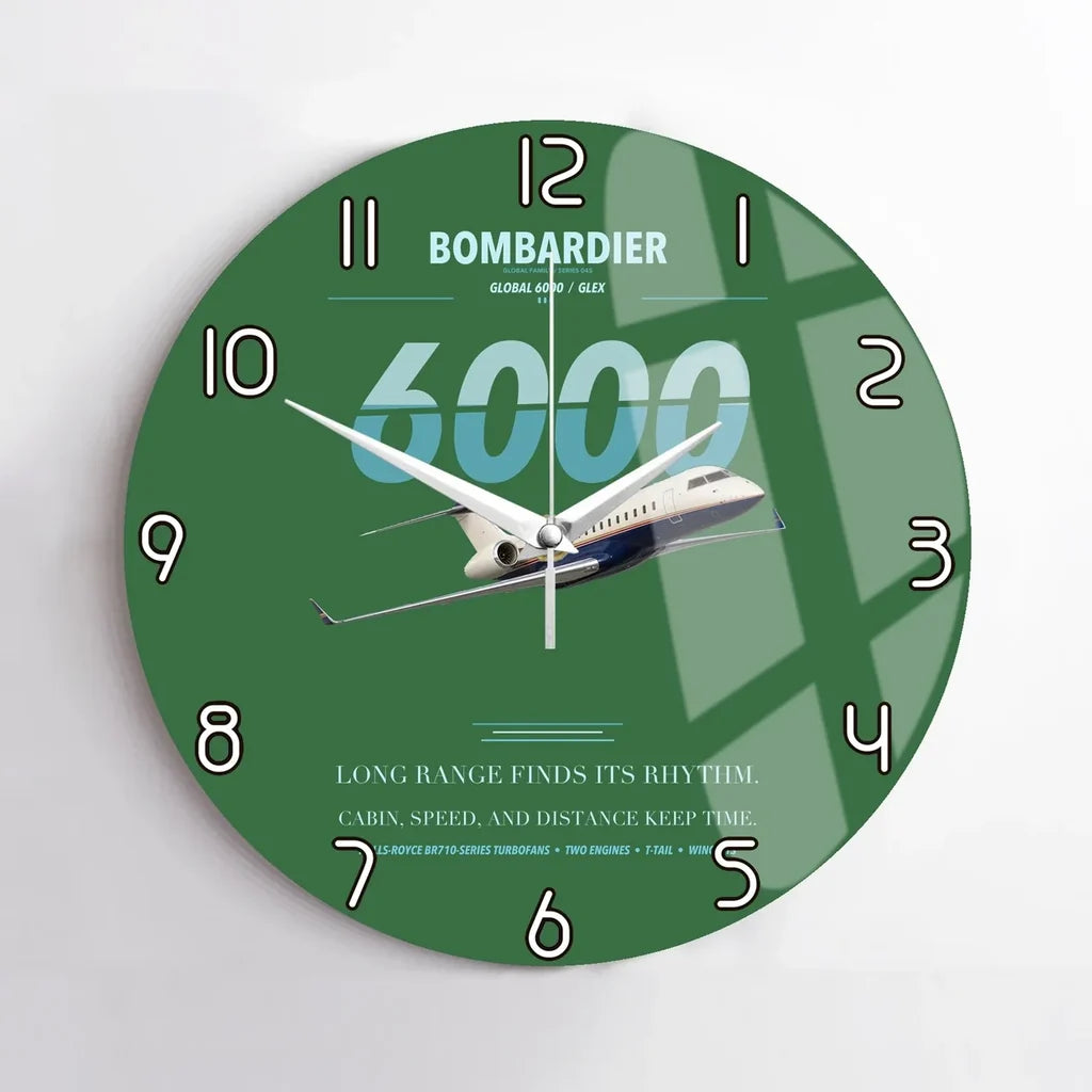 Bombardier Global 6000 design on green no frame wall clock