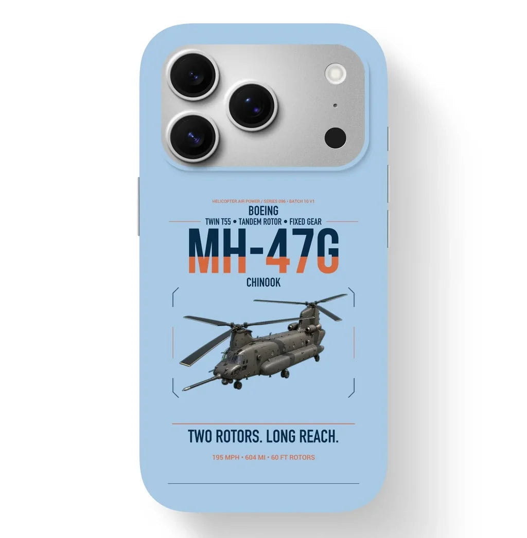 Boeing MH-47G Chinook design on light blue magsafe iphone case, for iPhone 17 Pro