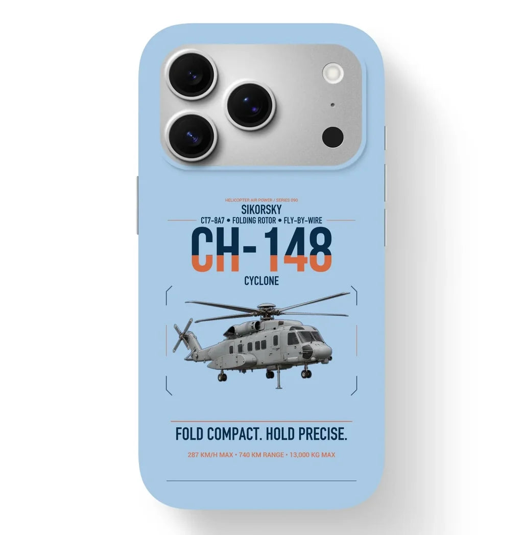 Sikorsky CH-148 Cyclone design on light blue magsafe iphone case, for iPhone 17 Pro