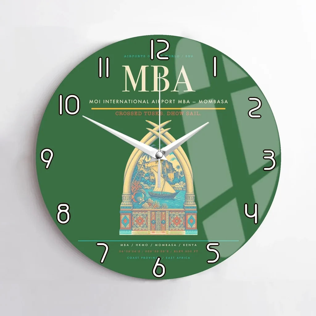 Moi International Airport (MBA) design on green no frame wall clock