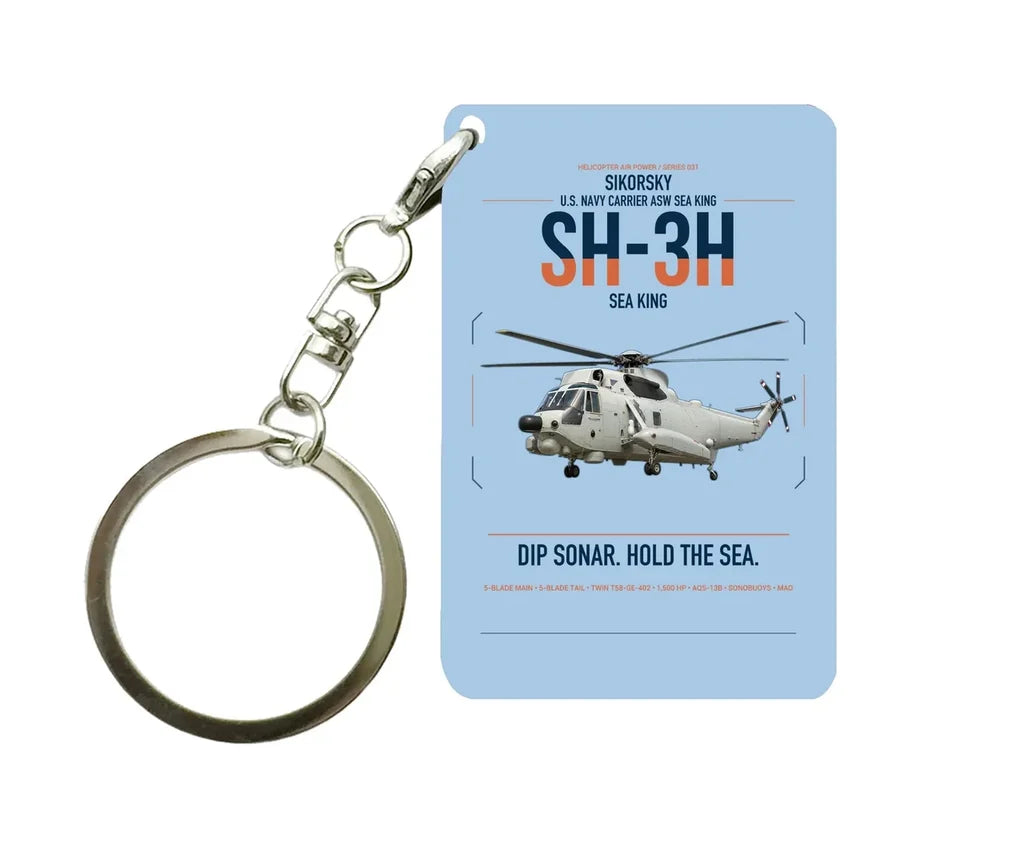 Sikorsky SH-3H Sea King design on light blue designed key chain, double-side print