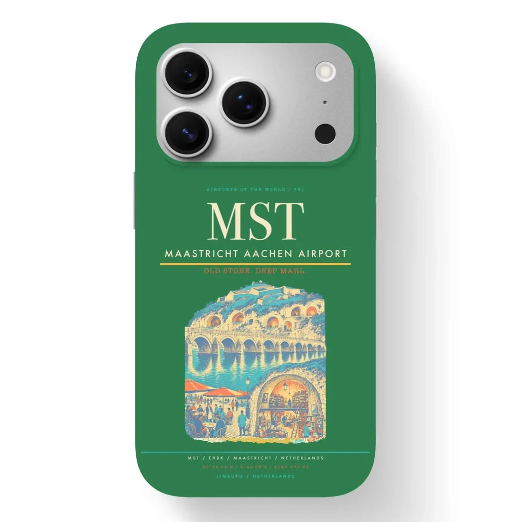 Maastricht Airport (MST) design on green iPhone 17 Pro MagSafe case