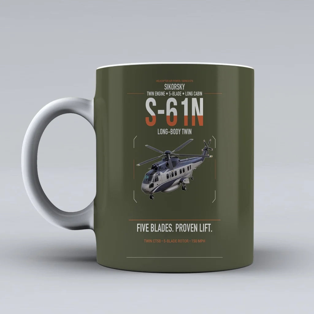 Sikorsky S-61N design on green army ceramic mug, double-side print
