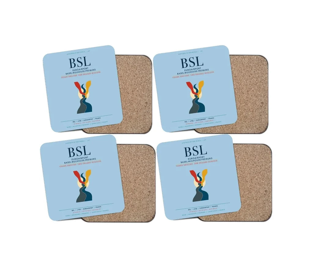 EuroAirport Basel-Mulhouse-Freiburg (BSL) design on light blue 4 pieces set coaster
