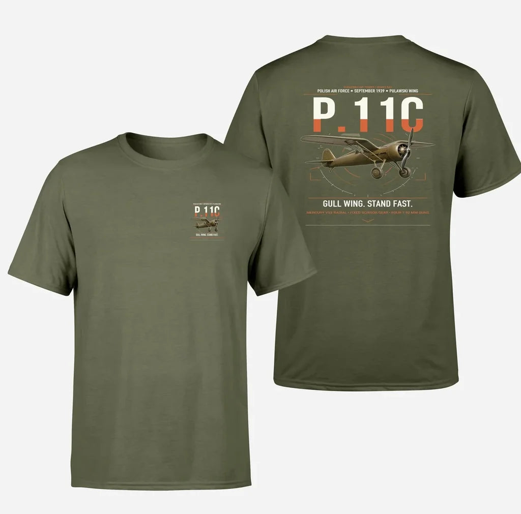 PZL P.11c design on green army t-shirt, double-side print