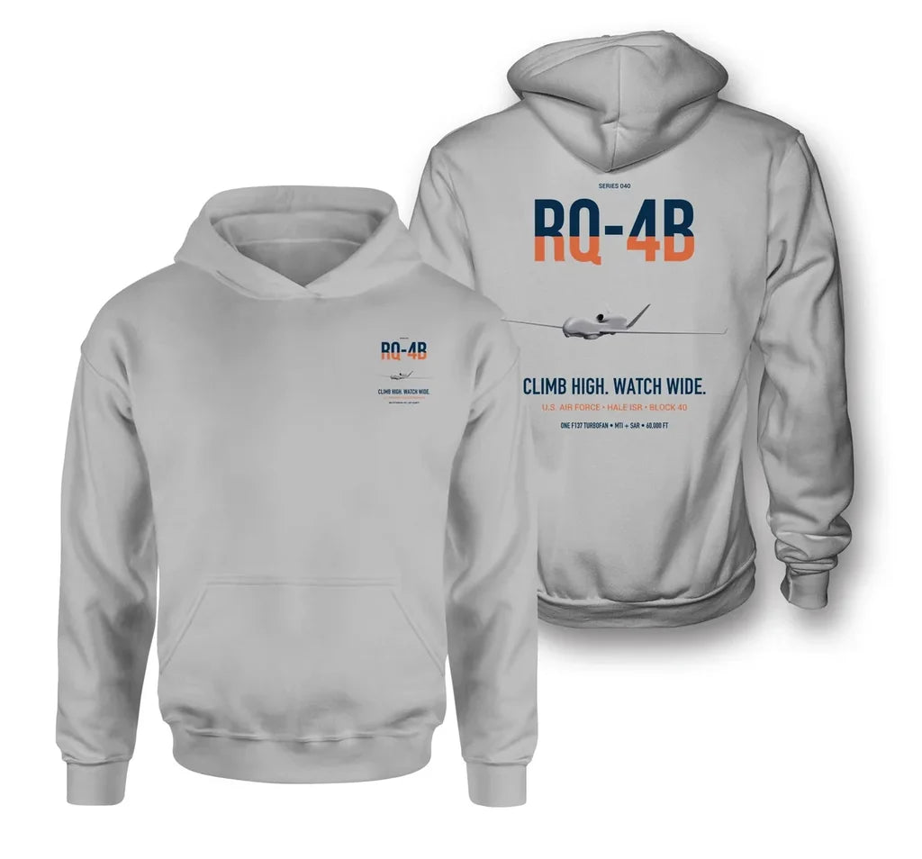 RQ-4B Global Hawk design on light gray double-side hoodie, double-side print