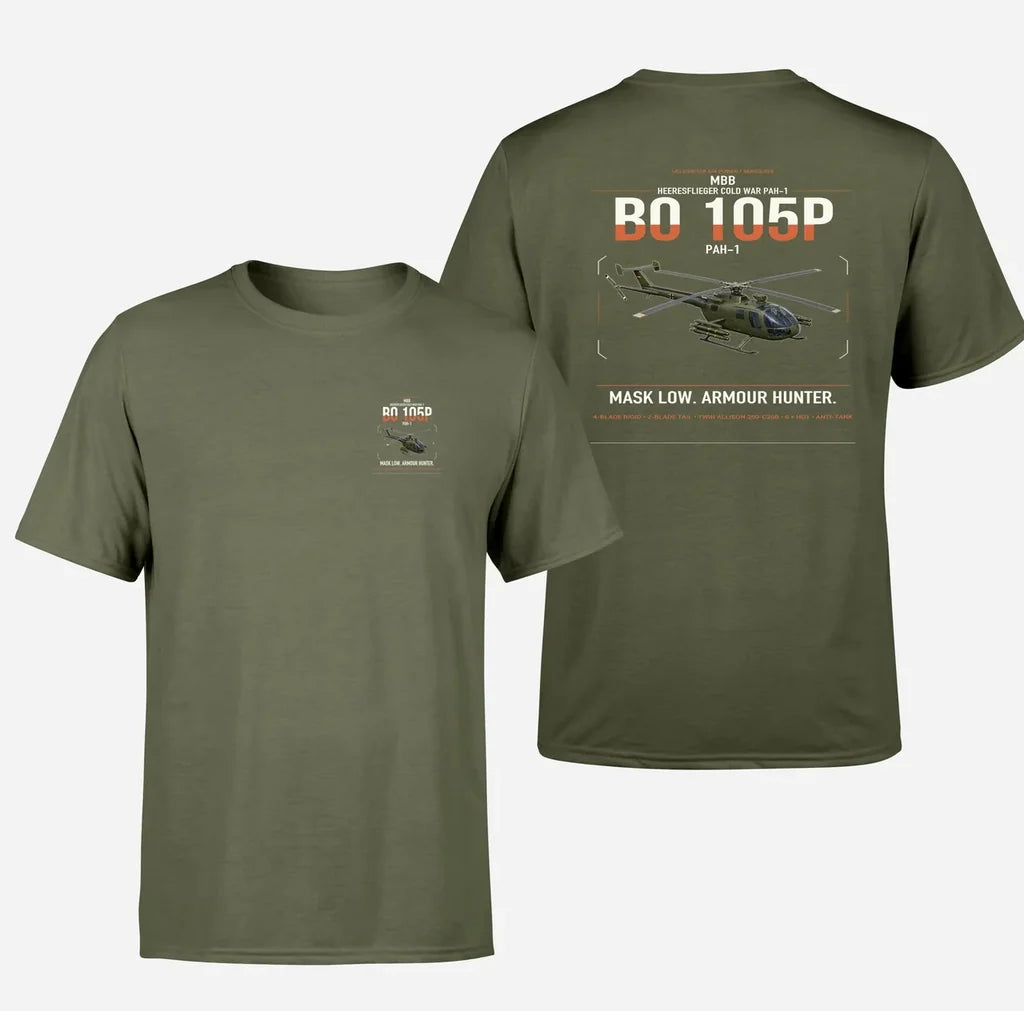 MBB BO 105P PAH-1 design on green army t-shirt, double-side print