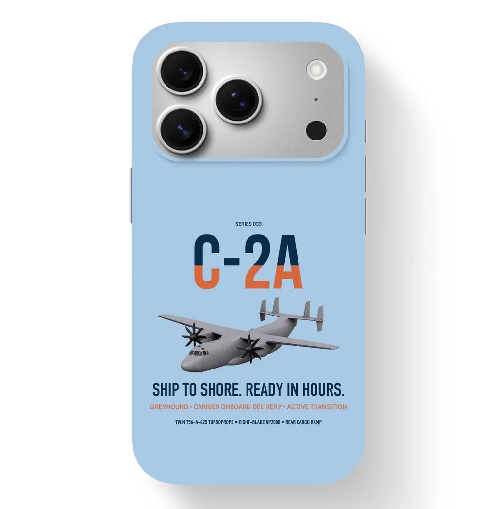 C-2A Greyhound design on light blue magsafe iphone case, for iPhone 17 Pro