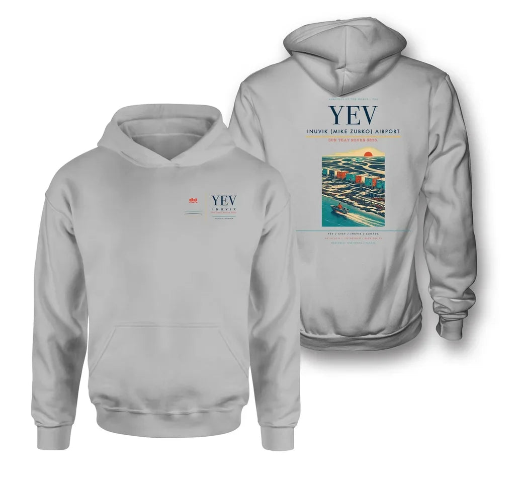 Inuvik (Mike Zubko) Airport (YEV) design on light gray double-side hoodie