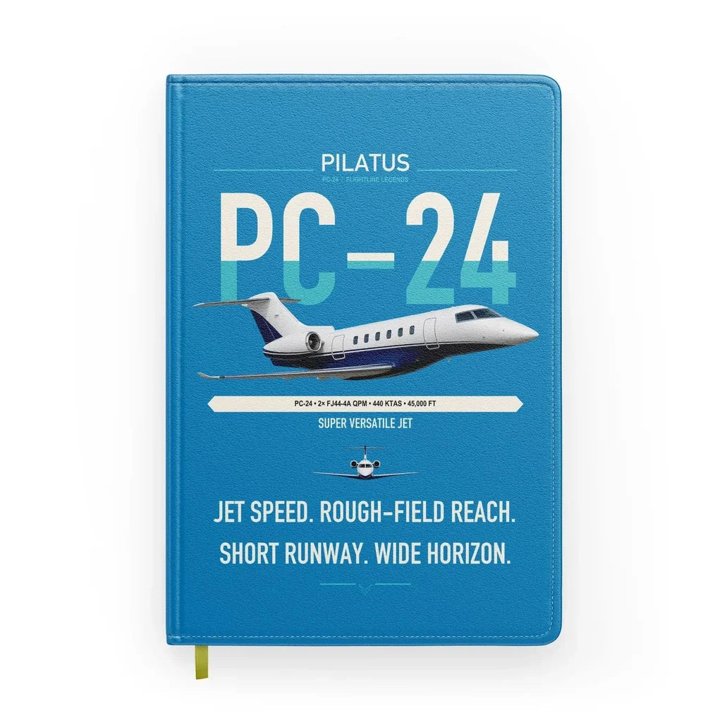 Pilatus PC-24 design on turquoise notebook