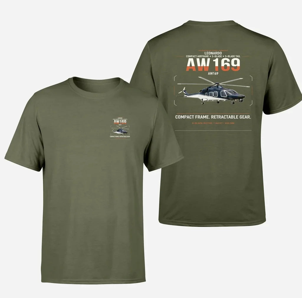 Leonardo AW169 design on green army t-shirt, double-side print
