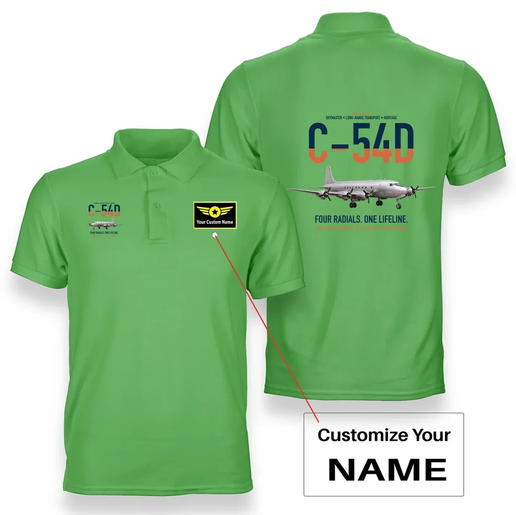 C-54D Skymaster design on light green+name double-side polo t-shirt, double-side print