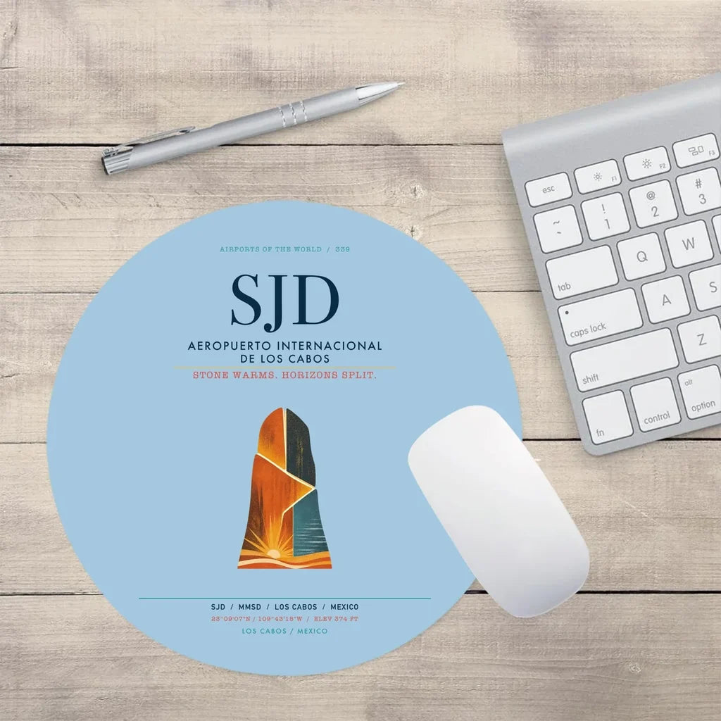 Aeropuerto Internacional de Los Cabos (SJD) design on light blue round mouse pad