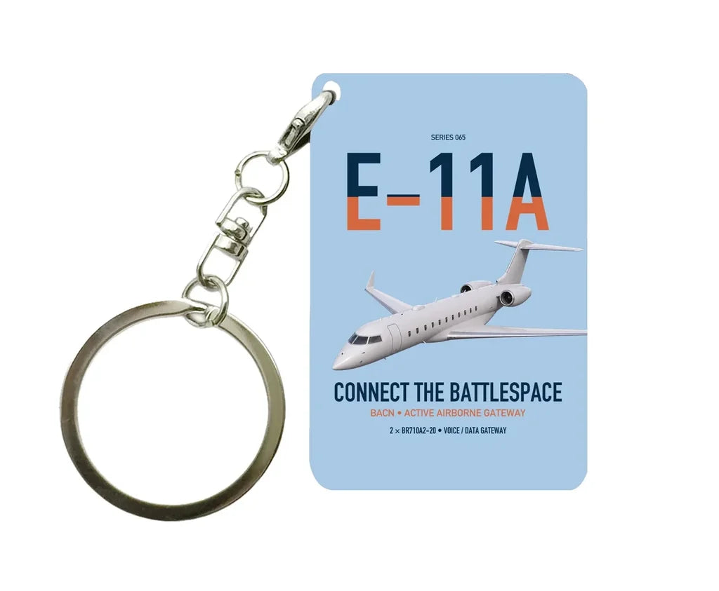 E-11A BACN design on light blue designed key chain, double-side print