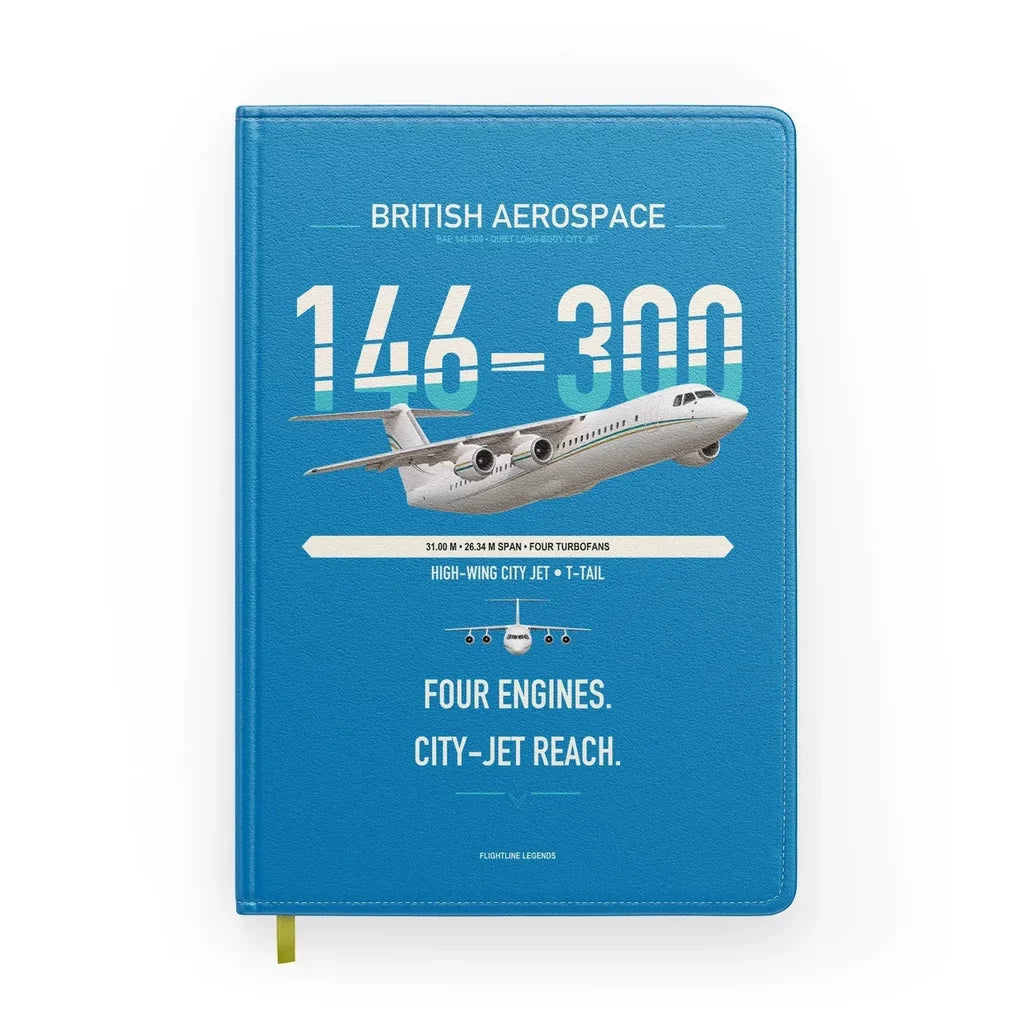 BAe 146-300 design on turquoise notebook
