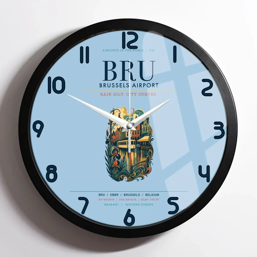 Brussels Airport (BRU) design on light blue framed wall clock