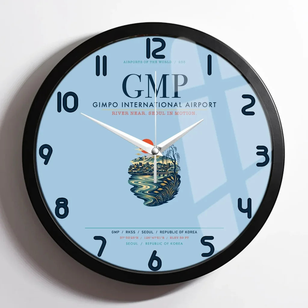 Gimpo International Airport (GMP) design on light blue framed wall clock