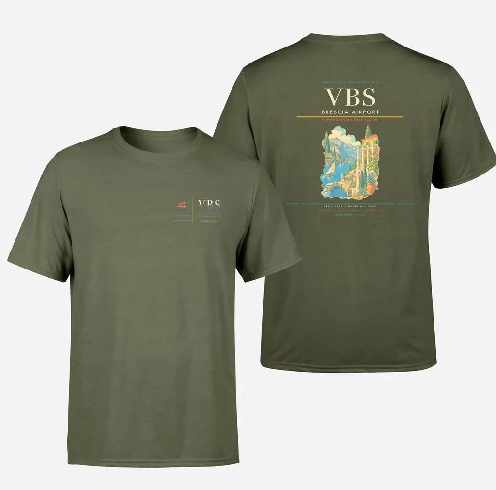 Brescia Airport (VBS) design printed on green army double-side t-shirt