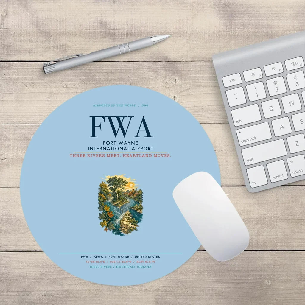 Fort Wayne International Airport (FWA) design on light blue round mouse pad