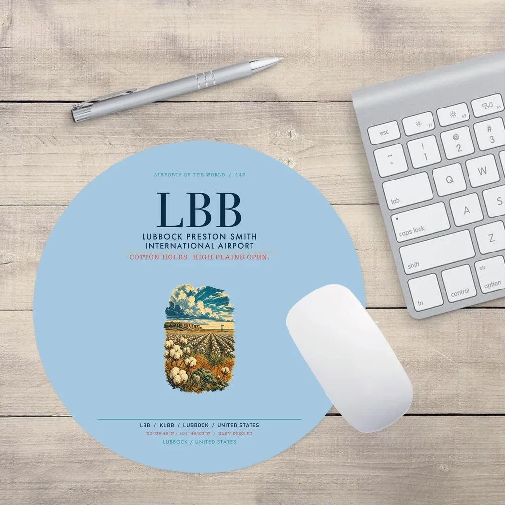 Lubbock Preston Smith International Airport (LBB) design on light blue round mouse pad