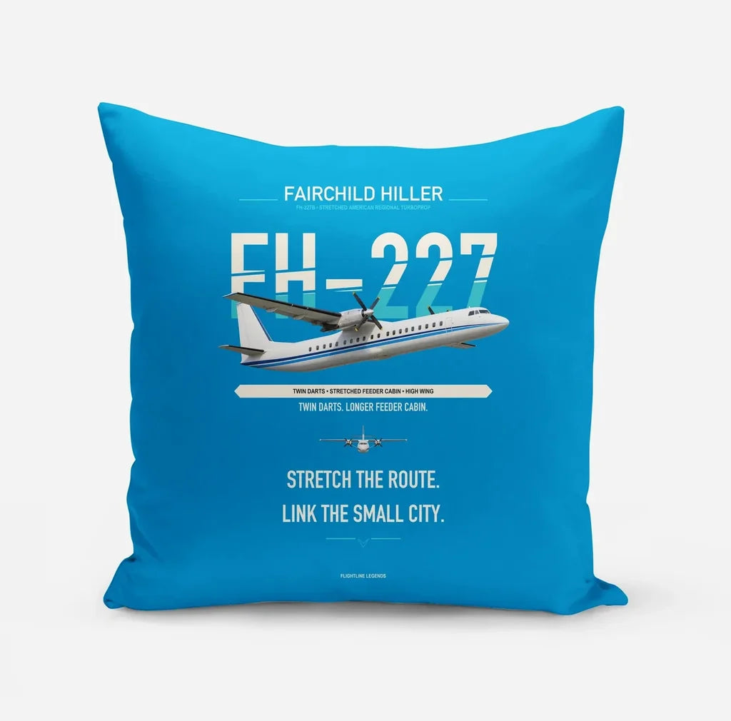 Fairchild Hiller FH-227B design on turquoise pillow