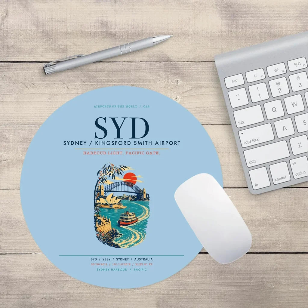 Sydney Kingsford Smith Airport (SYD) design on light blue round mouse pad