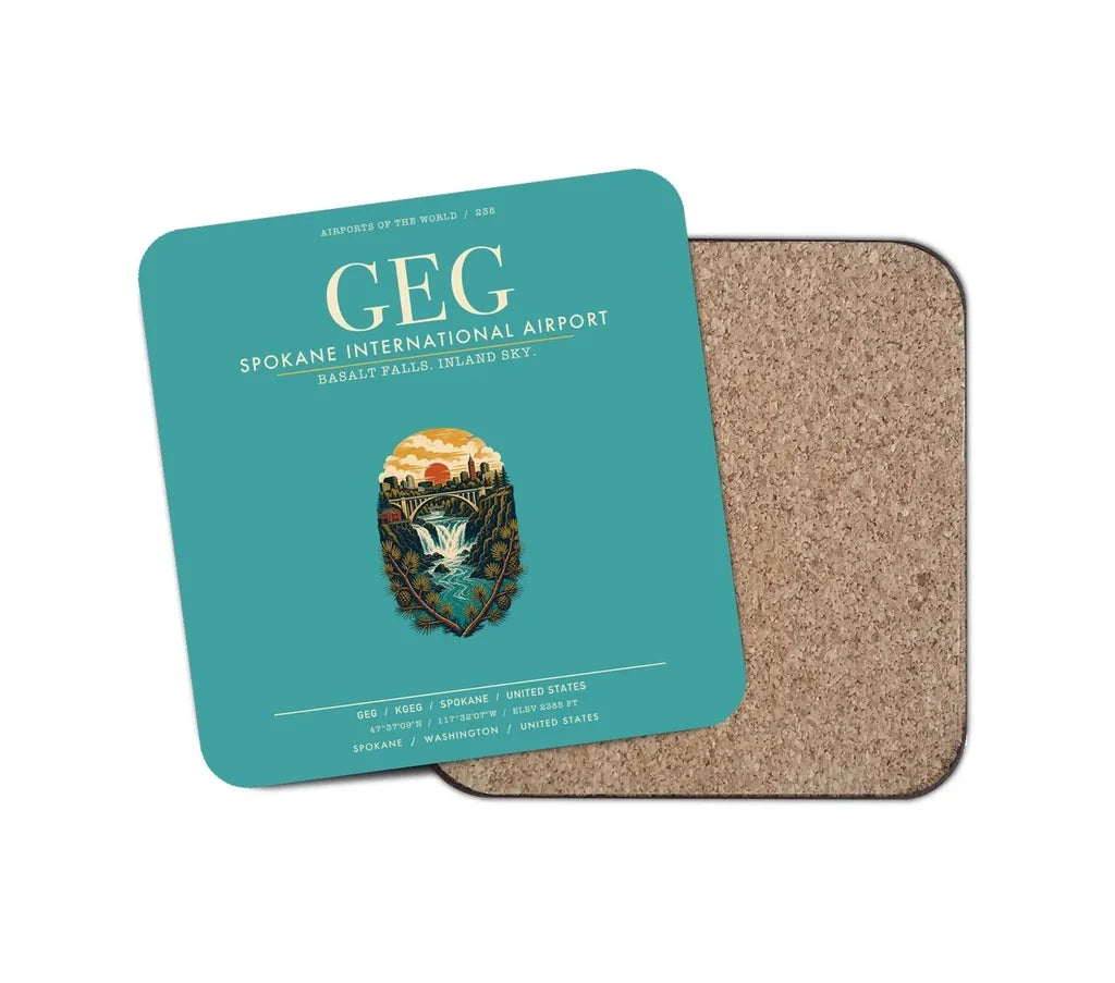 Spokane International Airport (GEG) design on turquoise 1 piece coaster