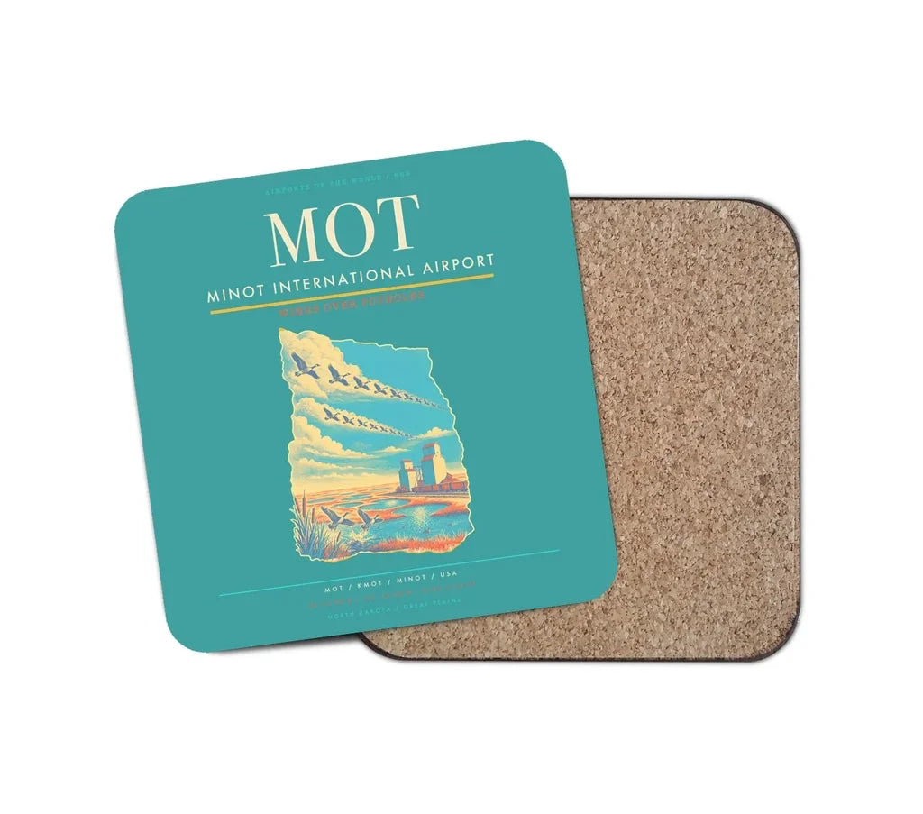 Minot International Airport (MOT) design on turquoise 1 piece coaster