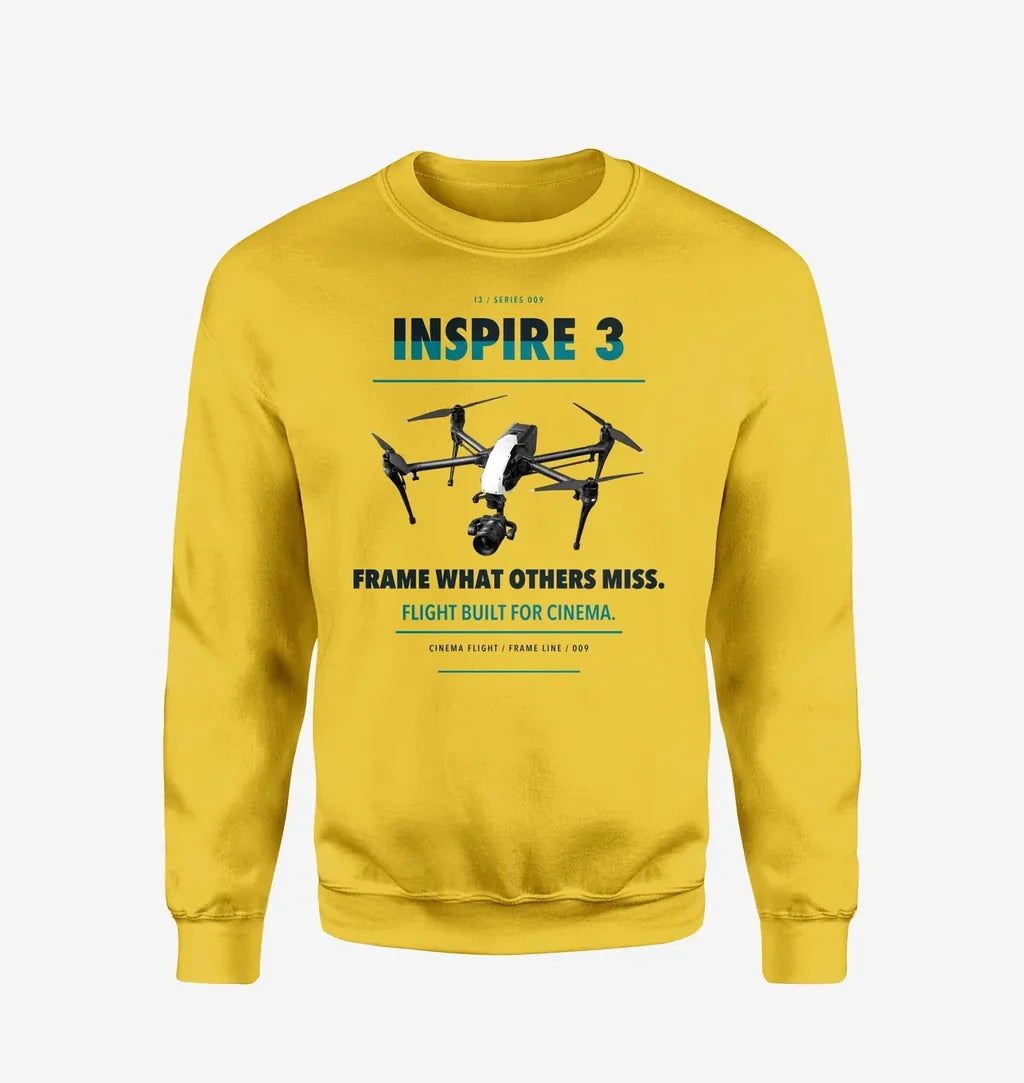 DJI Inspire 3 design on yellow sweatshirt