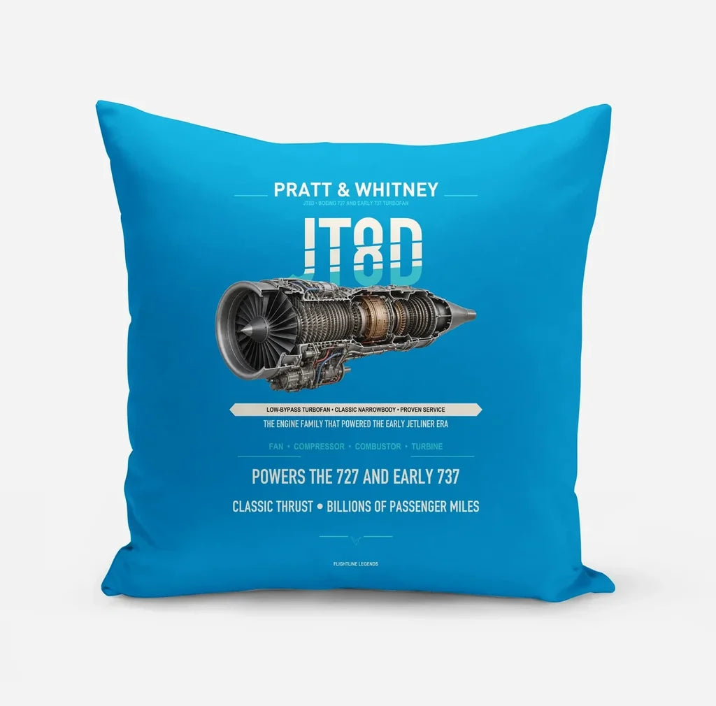 JT8D design on turquoise pillow
